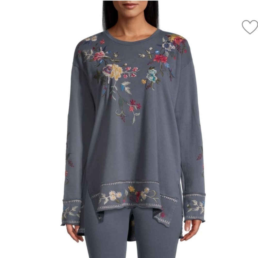 JOHNNY WAS Pina Floral-Embroidered High-Low sweater L